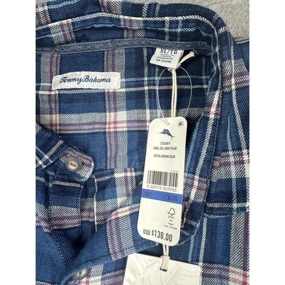 NEW Tommy Bahama Soul Cal Surf Plaid‎ Shirt Mens XL Bering Blue Cotton S/S $138 - Picture 2 of 5